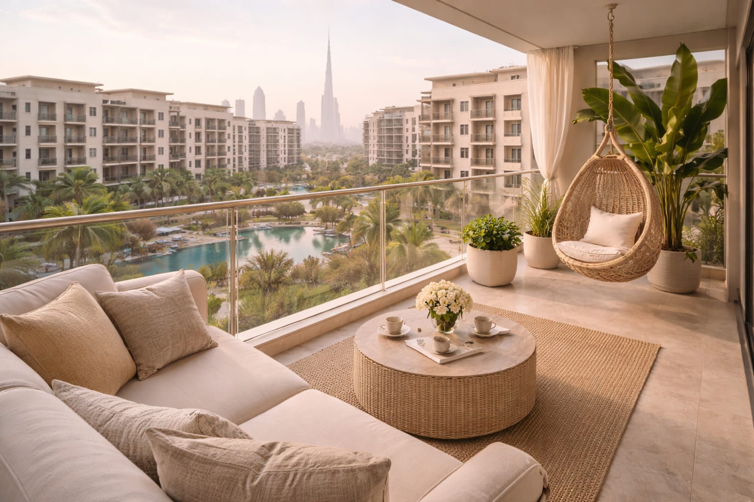 Modern balcony with city skyline view