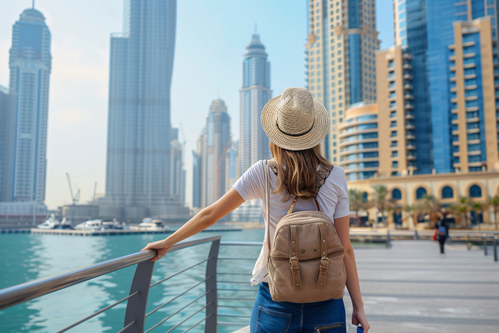 Woman visiting Dubai with Burj Khalifa in the background