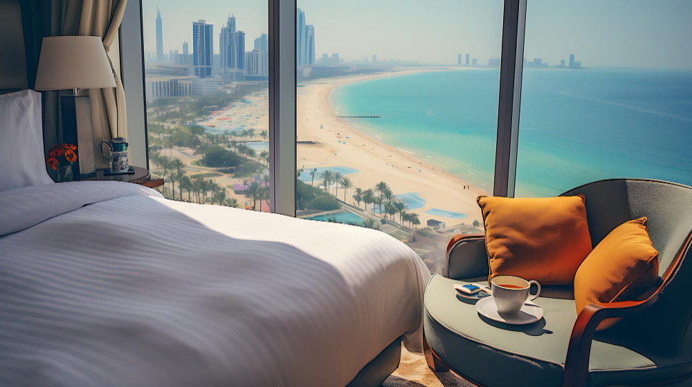 View from a luxury beachfront hotel room in Dubai overlooking the Arabian Gulf.